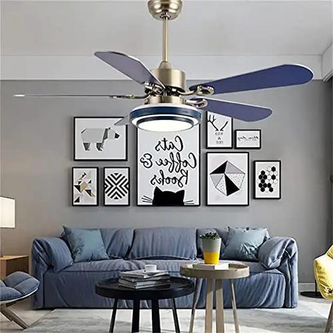 Modern Ceiling Fan With Bright Led Lights And Wireless Remote Control Three Color Modes sleek design in living room with blue blades.