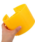 Built Different Yellow Column Protector Wrap For Warehouse Vertical Beam Support And Anti Collision Post Cover With Forklift Impact Shield For Grocery Store Safety Boss Level, held in hand.