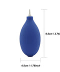 Blue rubber air duster blower for electronics cleaning, 9.5cm tall, 4.5cm wide, shown with nozzle.