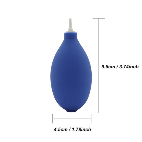 Blue rubber air duster blower for electronics cleaning, 9.5cm tall, 4.5cm wide, shown with nozzle.