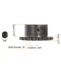 Side view of Heavy Duty 16 Tooth Roller Chain Sprocket With 3 By 8 Inch Pitch, 22mm Bore, 6mm Keyway, measurements shown