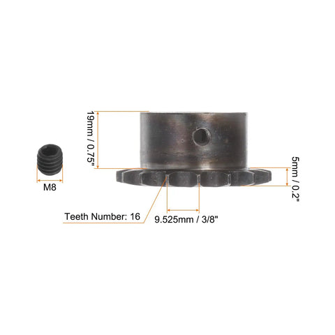 Side view of Heavy Duty 16 Tooth Roller Chain Sprocket With 3 By 8 Inch Pitch, 22mm Bore, 6mm Keyway, measurements shown