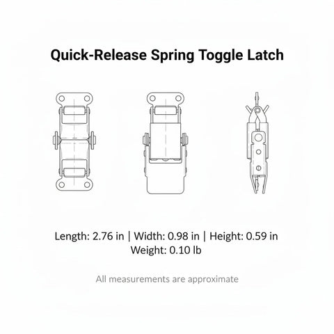 Technical drawing of a Stainless Steel Spring Toggle Latch 2.8 x 0.7 Inch For Toolboxes And Marine Storage Cases, different views