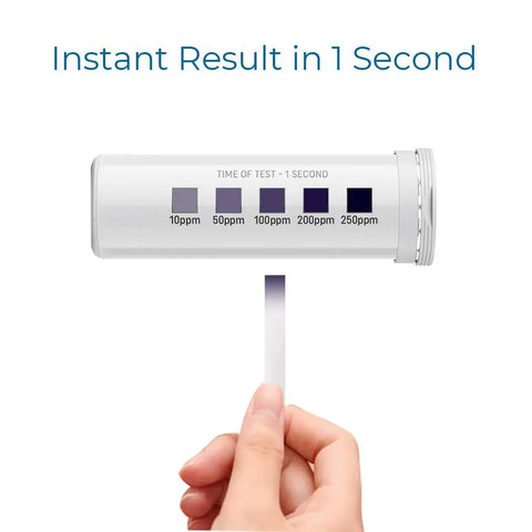 Hand holding test strip near color chart of Restaurant Chlorine Test Strips Value Pack With Instant 1 Second Readout 10 To 250 PPM.