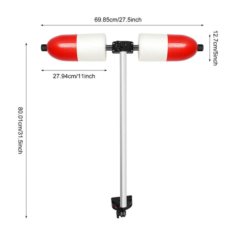 Inflatable Kayak Outriggers Stabilizers Kit with PVC Aluminum Construction showing red and white sidekick arms dimensions displayed.