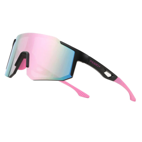 Top Tier Wrap Around Sports Sunglasses For Men And Women Drip In Style With Uv400 Eye Protection And Wide One Piece Lens in pink and black.