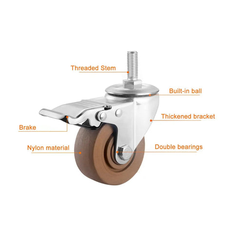 Beefy Heavy Duty Caster Wheels With Top Plate Swivel Design, showing brake and double bearings, ideal for workshops and garages.