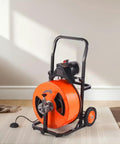 Game Changing 100 Feet Auto Feed Drain Cleaning Machine With Pneumatic Foot Pedal, heavy duty orange steel reel design.