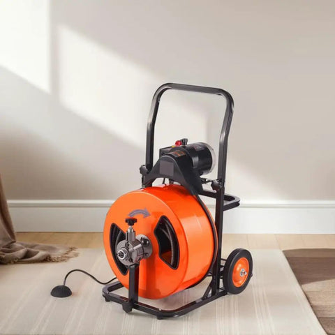 Game Changing 100 Feet Auto Feed Drain Cleaning Machine With Pneumatic Foot Pedal, heavy duty orange steel reel design.