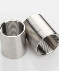 Heavy Duty 304 Stainless Steel Cast Pipe Coupling Fitting With Smooth Polished Female Ends 3/4 X 3/4 Inch NPT Thread Drop In Ready Two Pack, showing threaded ends.