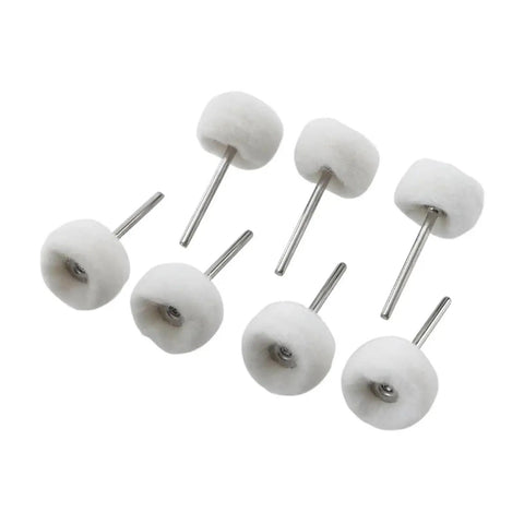 Premium Wool Polishing Wheels With 25mm Diameter And 3mm Shank For Rocking Car Detailing Jobs showing six soft wool buffers.