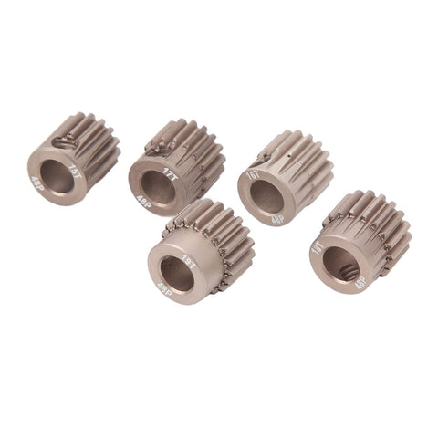 RC Pinion Gear Set 48P 5mm Shaft Hardened Aluminum 7075 Aviation Grade With 15T 16T 17T 18T 19T For 1 By 10 Scale RC Cars Upgrade And Tune Your Ride With Durable Pinions, displaying five aluminum gears
