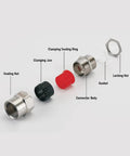 Stainless Steel Cable Gland Kit IP66 Electrical Box Connector NPT with disassembled components labeled for indoor outdoor use.