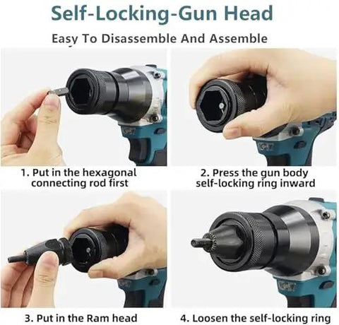 Hands demonstrating self-locking gun head disassembly for Heavy Duty Cordless Nutsert Gun With 26V Massive Juice Tank No Air Compressor Drama.