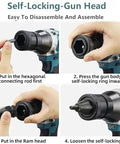Heavy Duty Cordless Rivet Nut Gun With Dual 5200 Mah Batteries For M3 Through M12 Fasteners showing self-locking gun head assembly steps.