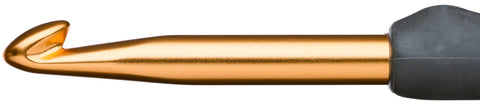 Crochet hook with cushion grip, Tulip Tilip ETIMO; gold shaft and black handle, size 9/0, side view.