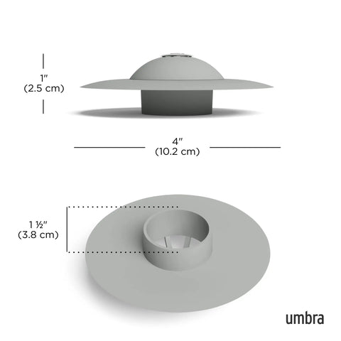 Dual Purpose Silicone Shower Drain Stopper And Hair Catcher, 4 inch diameter, 1 inch tall, sleek grey silicone design.