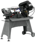 Reliable 5 X 8 Inch Horizontal Band Saw For Metal Cutting Featuring A Built In Coolant System And One Half Horsepower Motor side view on a sturdy stand.