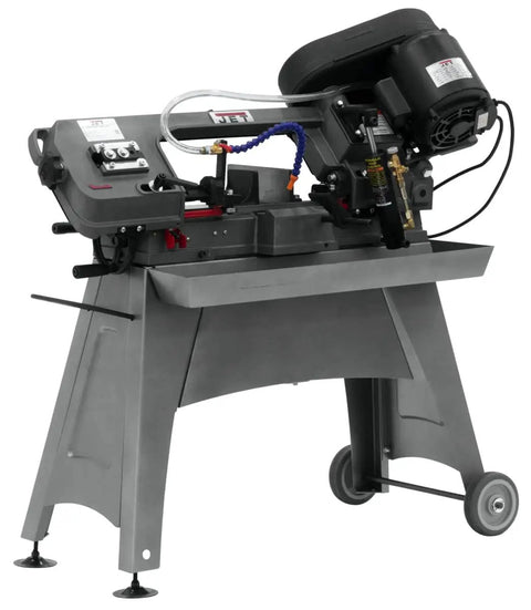 Reliable 5 X 8 Inch Horizontal Band Saw For Metal Cutting Featuring A Built In Coolant System And One Half Horsepower Motor side view on a sturdy stand.