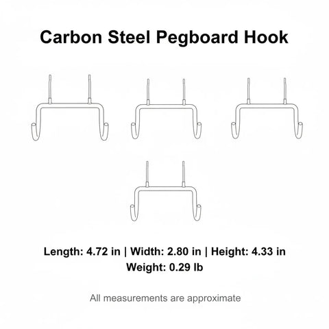 Diagram of Heavy Duty Carbon Steel Pegboard Hooks for garage organization with size and weight specifications.