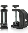 Universal C-Clamp Aluminum Desk Mount Holder Stand with 1/4 inch and 3/8 inch threads in black, durable lightweight design