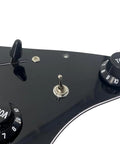 Close-up of SSS Electric Guitar Loaded Pickguard Prewired Replacement 11 Hole Dark Black PVC with tone and volume controls.