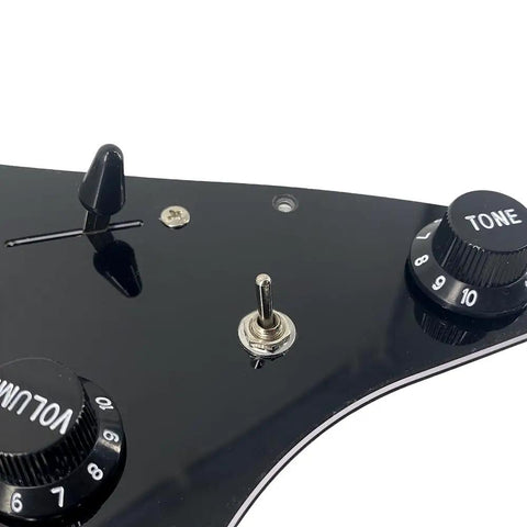 Close-up of SSS Electric Guitar Loaded Pickguard Prewired Replacement 11 Hole Dark Black PVC with tone and volume controls.