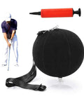 Portable Inflatable Golf Swing Trainer Posture Aid For Beginners, Compact Training Tool shown with a hand pump and golfer.