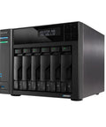 Top Shelf Six Bay Network Attached Storage With Beefy Intel Celeron Processor And Four M2 Nvme Slots Powering Dual Two Point Five Gigabit Ethernet Links Along With Eight Gb Ram And One Terabyte Ssd For No Sweat Backups, black desktop model with visible drive bays