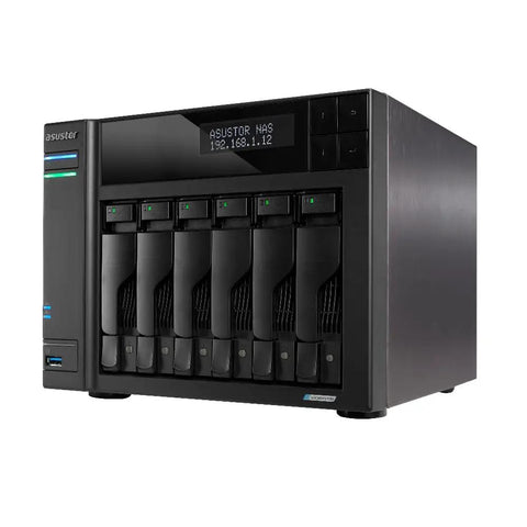 Top Shelf Six Bay Network Attached Storage With Beefy Intel Celeron Processor And Four M2 Nvme Slots Powering Dual Two Point Five Gigabit Ethernet Links Along With Eight Gb Ram And One Terabyte Ssd For No Sweat Backups, black desktop model with visible drive bays