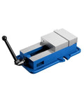 Heavy Duty 4 Inch Precision Bench Vise With Smooth Pull Down Locking Mechanism For Milling And Drilling Machines Secure Metalworking Tool Clamp on flat base.