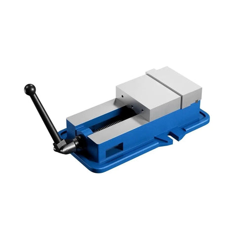 Heavy Duty 4 Inch Precision Bench Vise With Smooth Pull Down Locking Mechanism For Milling And Drilling Machines Secure Metalworking Tool Clamp on flat base.