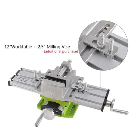 Top Shelf Shop Beast Cross Slide Table For Mini Milling Machines And Bench Drill Press Adjustable X Y Axis Aluminum Dovetail Mount Rack System Quick Grip Vise Included, 12 inch worktable shown.