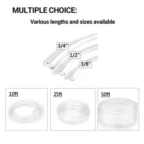 Clear PVC Tubing With Three Quarter Inch ID And One Inch OD Ten Feet Long Thirty PSI Flexible Lightweight Oil Resistant Hybrid Multipurpose Industrial PVC Hose For Fluid Transfer different length options