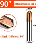 Carbide chamfer end mill, 90°, 1/4 in shank, 3-flute, Tisin-coated, for steel (side view)