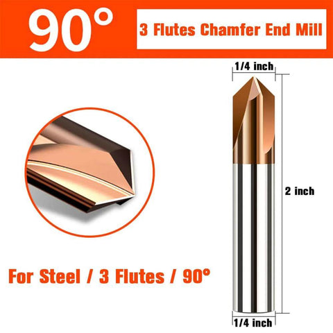 Carbide chamfer end mill, 90°, 1/4 in shank, 3-flute, Tisin-coated, for steel (side view)
