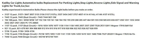 Text list of Kadiby car lights automotive bulbs compatible with various models including parking, stop, and side signal lights.