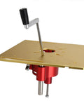 Rugged Aluminum Router Lift Plate With Easy Manual Forty Seven Millimeter Adjustments Fits Standard Sixty Four To Sixty Five Millimeter Trimmers, gold plate with red base.