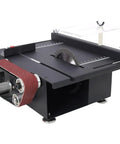 Aynuma Mini Table Saw And Belt Sander Combo 2 In 1 Electric Portable Bench Cutting Machine showing belt sander and circular saw.