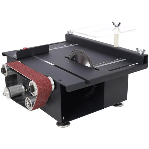 Aynuma Mini Table Saw And Belt Sander Combo 2 In 1 Electric Portable Bench Cutting Machine showing belt sander and circular saw.