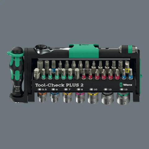 Compact 39 Piece Tool Set With Zyklop Mini One Quarter Inch Bit Mounting, Bitholding Screwdriver Or Bit Holder, green lock visible
