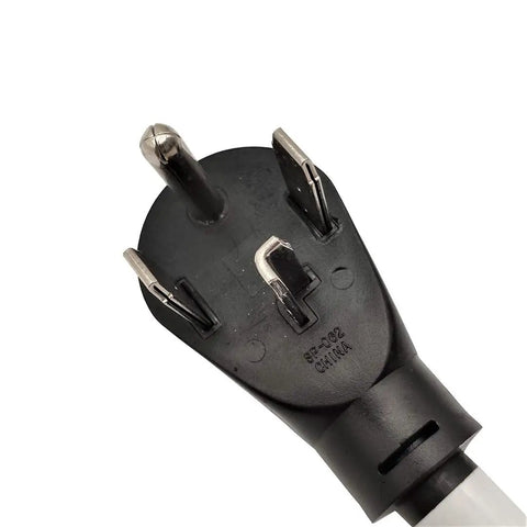 Close-up of the 4-prong male plug on the 30 Amp Dryer Power Splitter Cord 14-30P To 14-30R And 14-50R NEMA 14-30P Y Adapter.