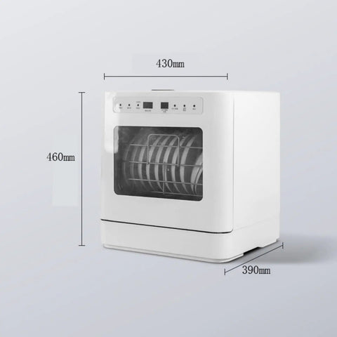 Skip the Sink Fully Automatic Desktop Dishwasher For Home Kitchen Large Capacity Auto Wash System With Triple Filter And Front Loading Design Easy Setup Plumbing Free Hands Off Cleanup Routine showing dimensions with dishes inside.