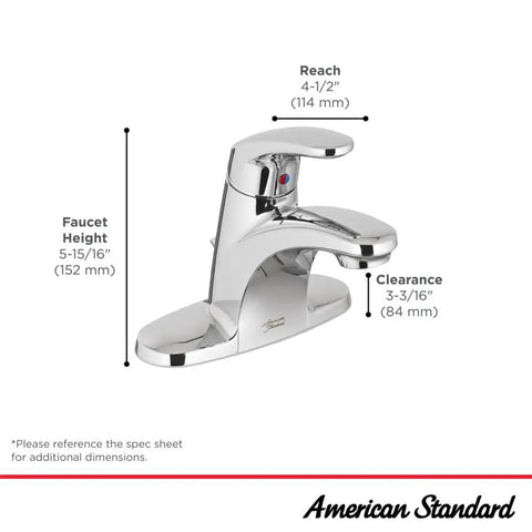 Colony Pro Single Handle Bathroom Sink Faucet With Metal Drain 1.2 GPM Polished Chrome, height and clearance dimensions shown