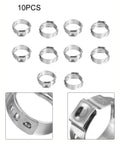 Go-To 10-Piece PEX Stainless Steel Clamp Ring Set for Crimp Fittings and Single Ear Hose Clamps 7-14mm, close-up details.