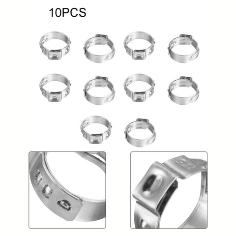 Go-To 10-Piece PEX Stainless Steel Clamp Ring Set for Crimp Fittings and Single Ear Hose Clamps 7-14mm, close-up details.