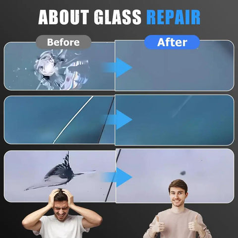 Windshield Crack Repair Kit With Fast Glass Repair Fluid For Cars, Universal Chip And Crack Fix, Quick Windshield Glass Repair Tools, Restores Structural Integrity In Minutes, illustrating before and after crack repair.