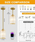 Top Shelf Modern Gold Pendant Lights 2 Pack Adjustable Crystal Chandelier Kitchen Island Fixture size comparison with measurements and bulb options.