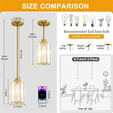 Top Shelf Modern Gold Pendant Lights 2 Pack Adjustable Crystal Chandelier Kitchen Island Fixture size comparison with measurements and bulb options.