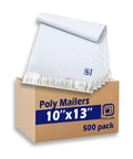 500 Pack 10x13 Inch White Exterior Silver Interior Poly Mailers With Strong Self Sealing Adhesive Waterproof Tear Resistant Shipping Envelopes For Clothing Books And Accessories displayed over a labeled box